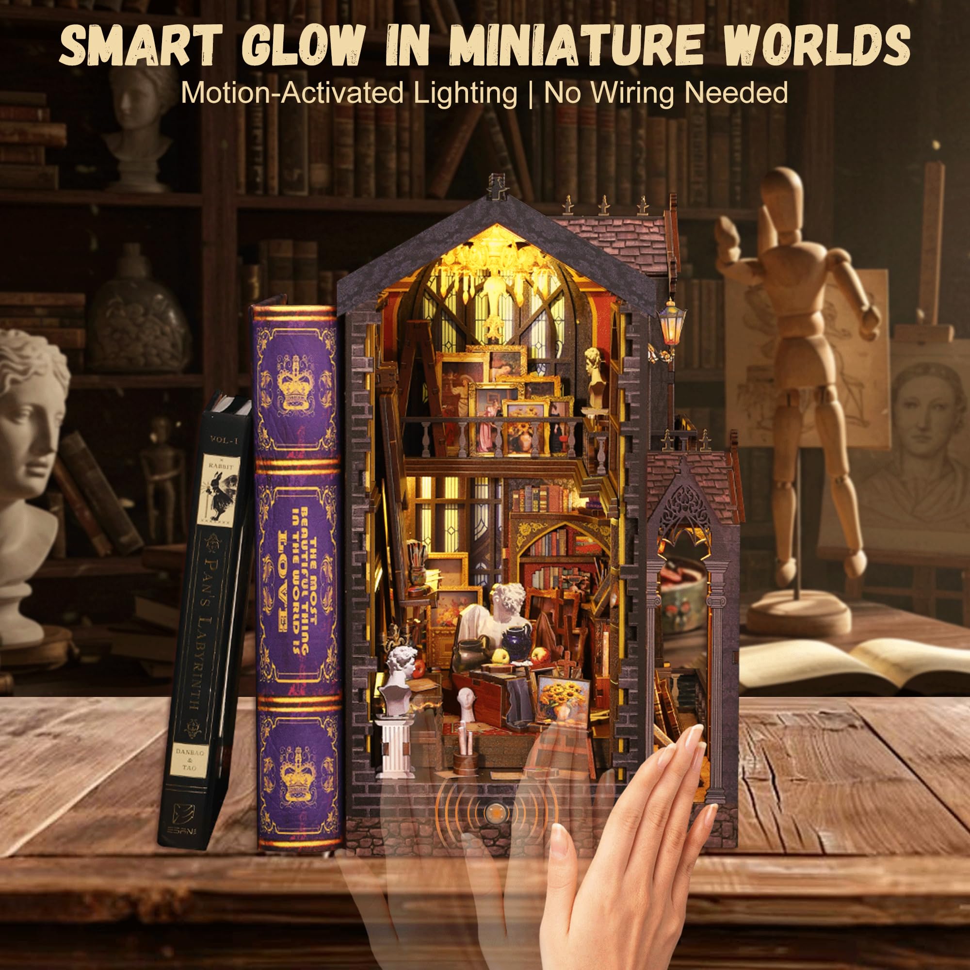 CRIOLPO Book Nook Kit - DIY Miniature Doll House Kit 3D Wooden Doll House Kit with LED Light Bookshelf Decor Collectors Gifts for Adults Teens Book Lovers - Wondrous Studio