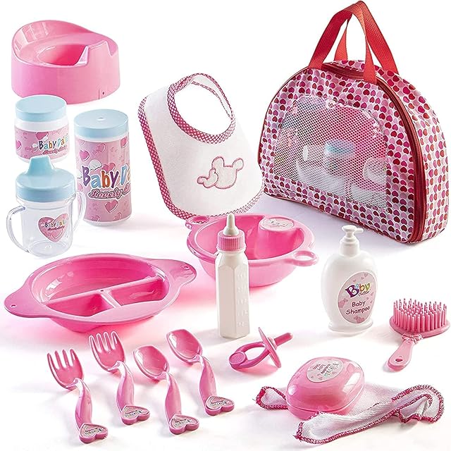 Prextex 18-Piece Baby Doll Accessories Toy Set w/ Suitcase/Bag Fashionista Dream Dolls House Camper/Camping Sets Barbie-Inspired Baby Doll Set Kid Toy Little Girl Toys Kids, Toddlers, Little Girls