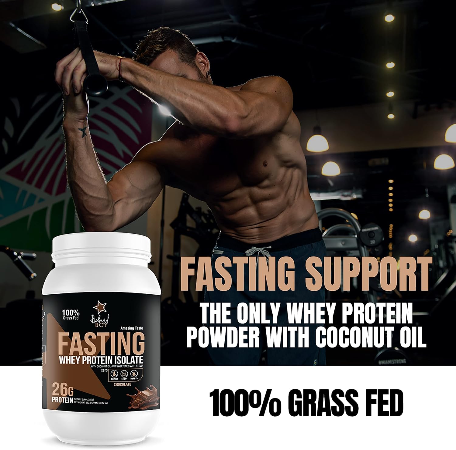 RICHARD BOY Fasting Whey Protein Isolate Chocolate Flavor- 100% Natural Powder -100% Grass-Fed -Gluten Free Keto -with Coconut Oil – Chocolate Shake (2 Pounds)