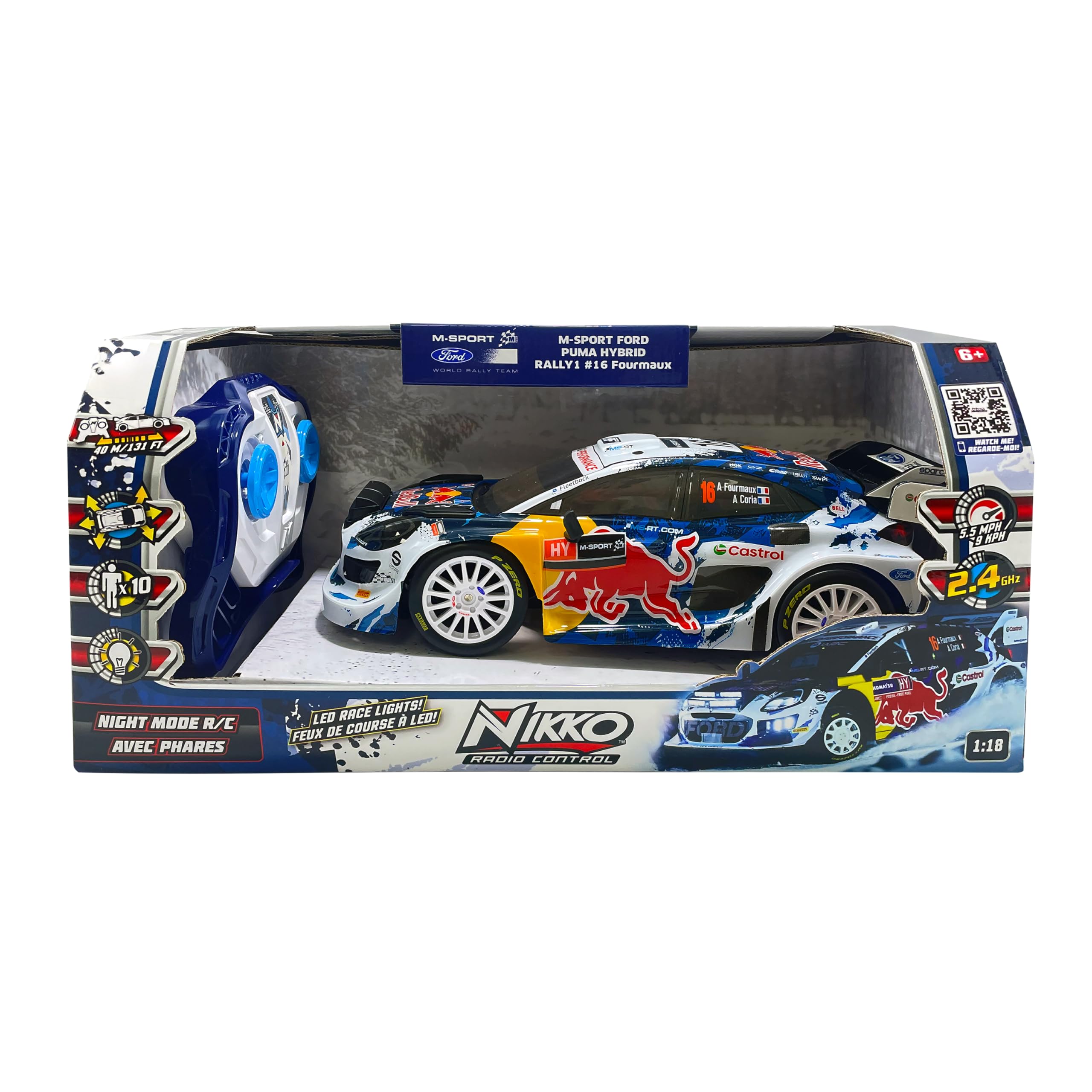 Nikko 10651 M-Sport Ford Puma Hybrid Rally1#16 Fourmaux 1:18 – Modellino da Rally con Luci LED Funzionanti – Auto Radiocomandata 27 cm
