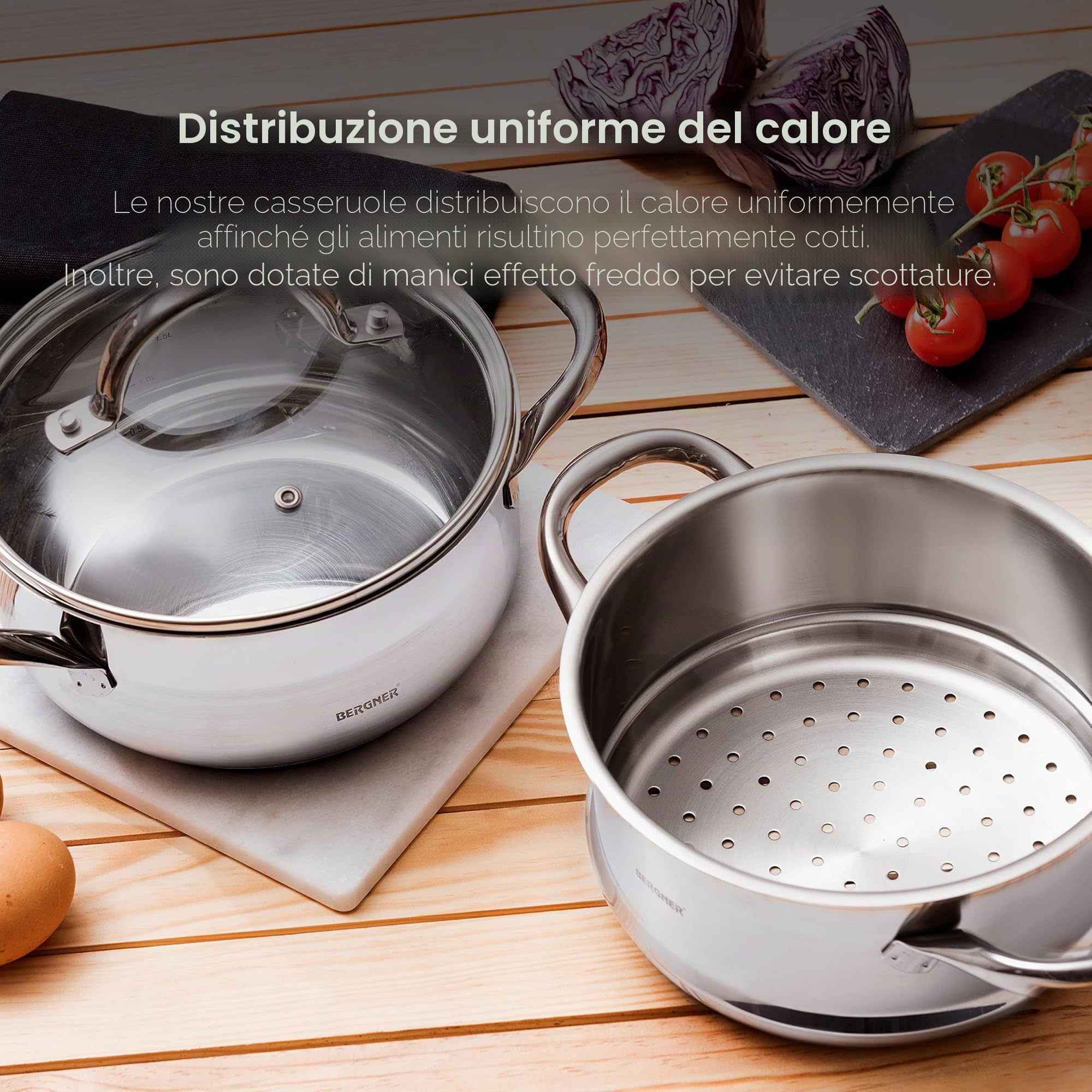 BERGNER Gourmet | Pentola da Cucina per Pasta | Casseruola con Coperchio, Bollitore e Capacità di 2,2L | Acciaio Inox | Molto Resistente, Pulizia Facile e Per Tutti i Piani Cottura