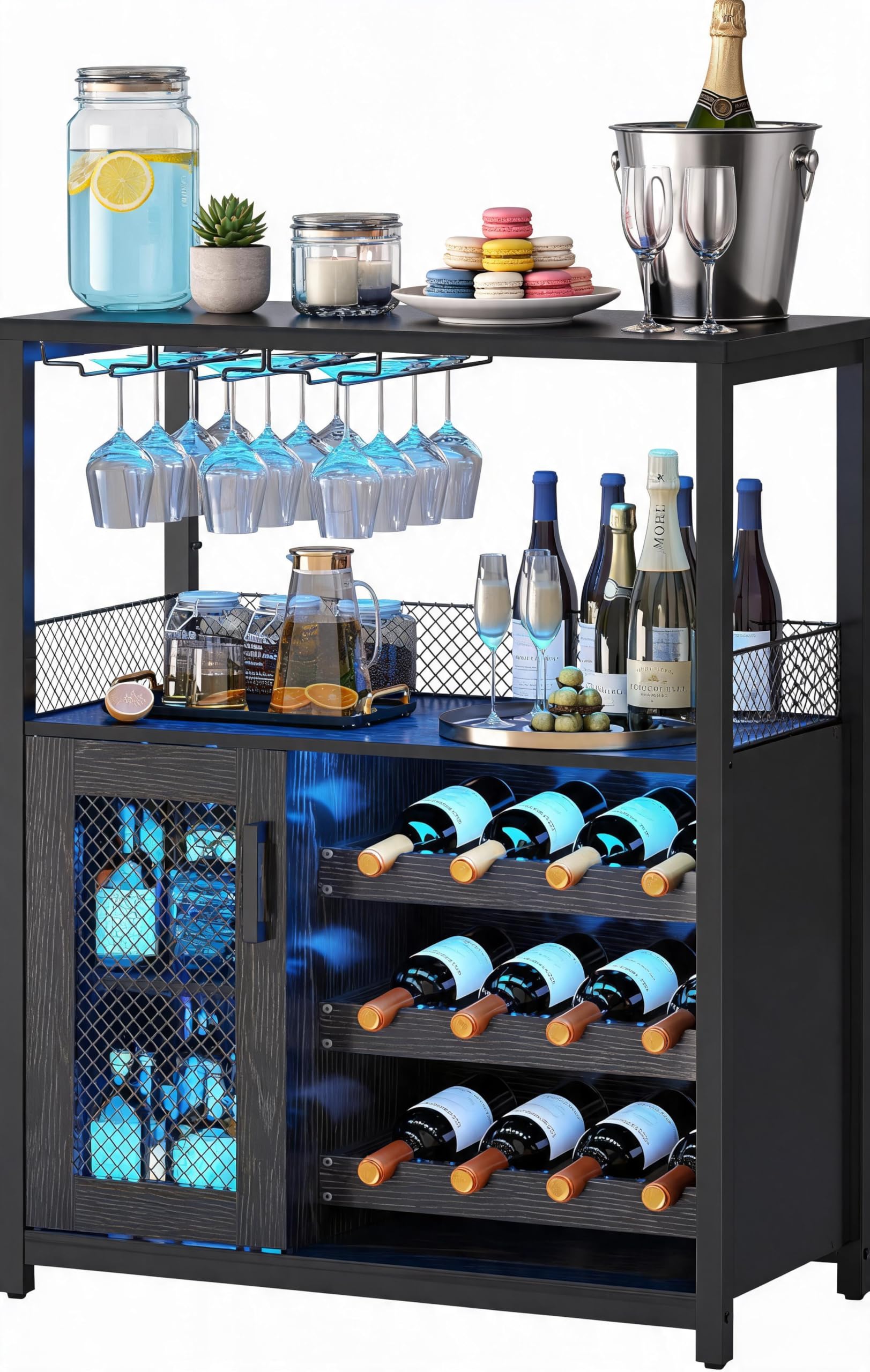 Weinlagerschrank LED Licht, höhenverstellbares Weinregal & Gläserhalter, Getränkeschrank für Küche, Esszimmer oder Wohnzimmer stilvolle Aufbewahrung für Weinflaschen, 70x35x92 cm Schwarz