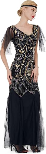 1920s Art Deco Sequin Maxi Dress, Vintage Flapper Gatsby Style, V-Neck with Tull
