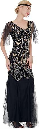 1920s Art Deco Sequin Maxi Dress, Vintage Flapper Gatsby Style, V-Neck with Tulle Sleeves, Long Evening Formal Gown