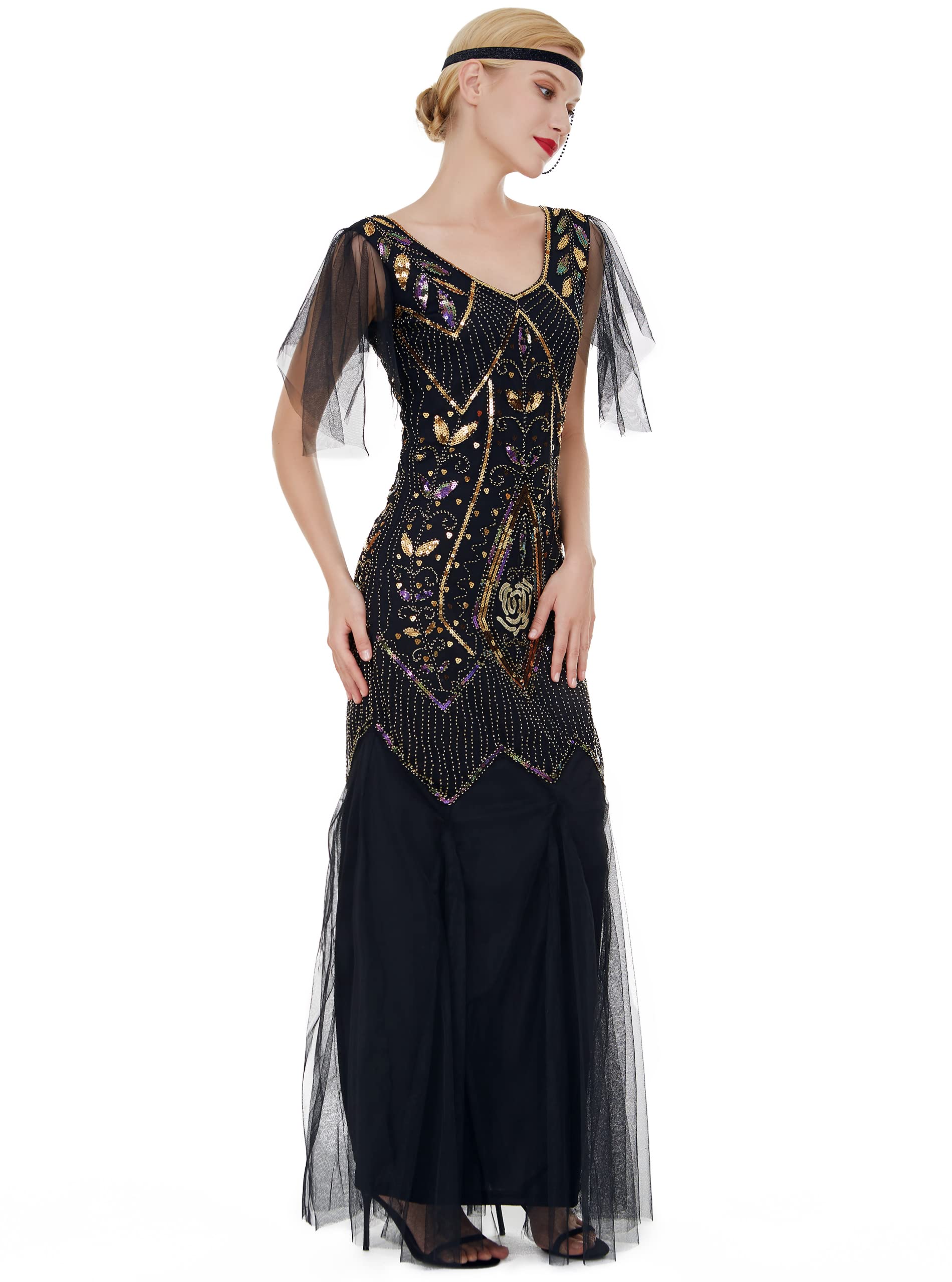 1920s Art Deco Sequin Maxi Dress Vintage Flapper Gatsby Style