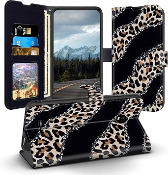 for Schok Volt SV55 Leather Case 5.5", Flip Wallet Case with Credit Cards Slots Holder RFID Blocking Kickstand TPU Bumper Folio Cover for Schok Volt SV55 SV55216, Aesthetic Cheetah Print