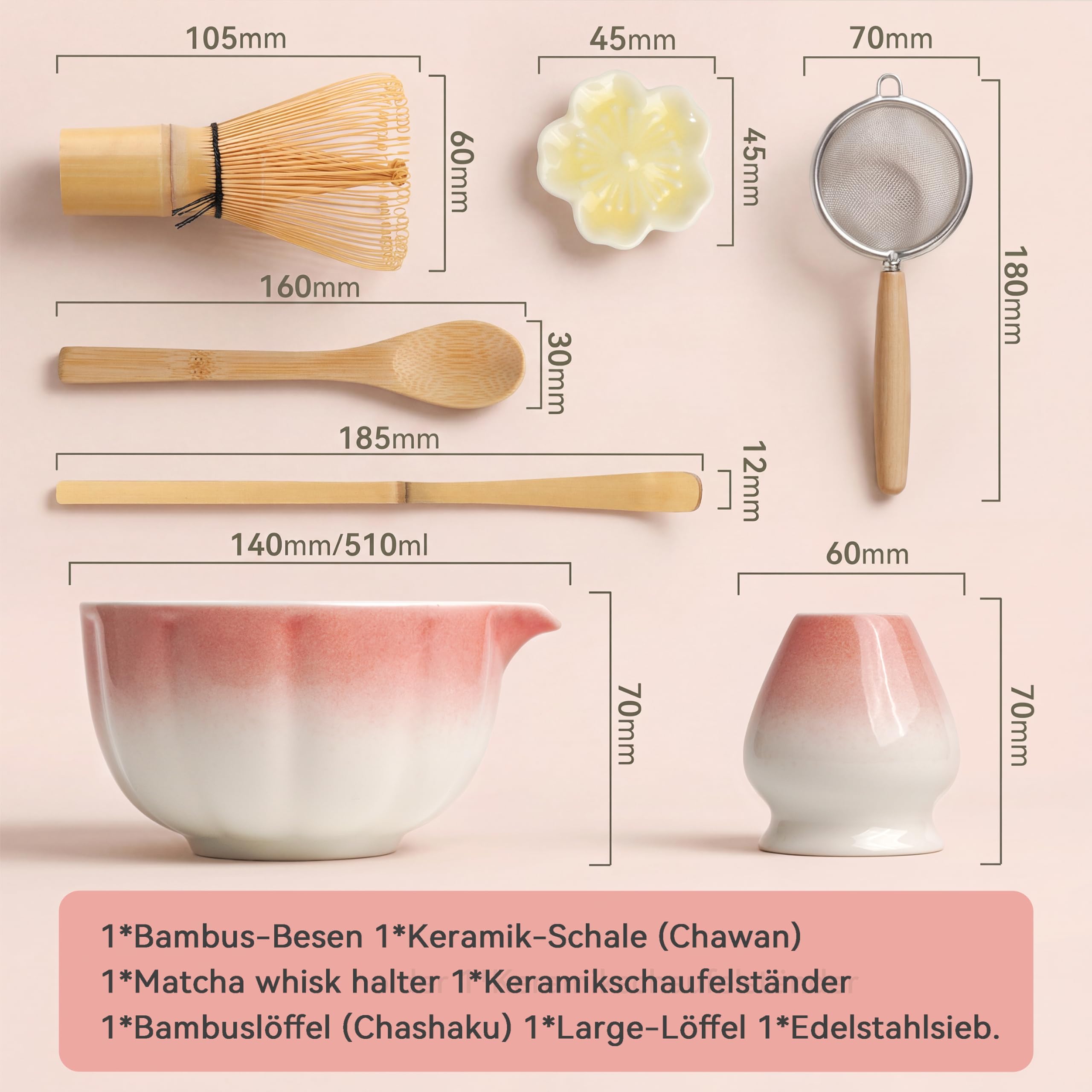 7-częściowy zestaw premium matcha – ekskluzywny zestaw do ceremonii herbaty z bambusowymi chasami (miotła), różowa miska ceramiczna, łyżka i akcesoria, oryginalny prezent do matchy