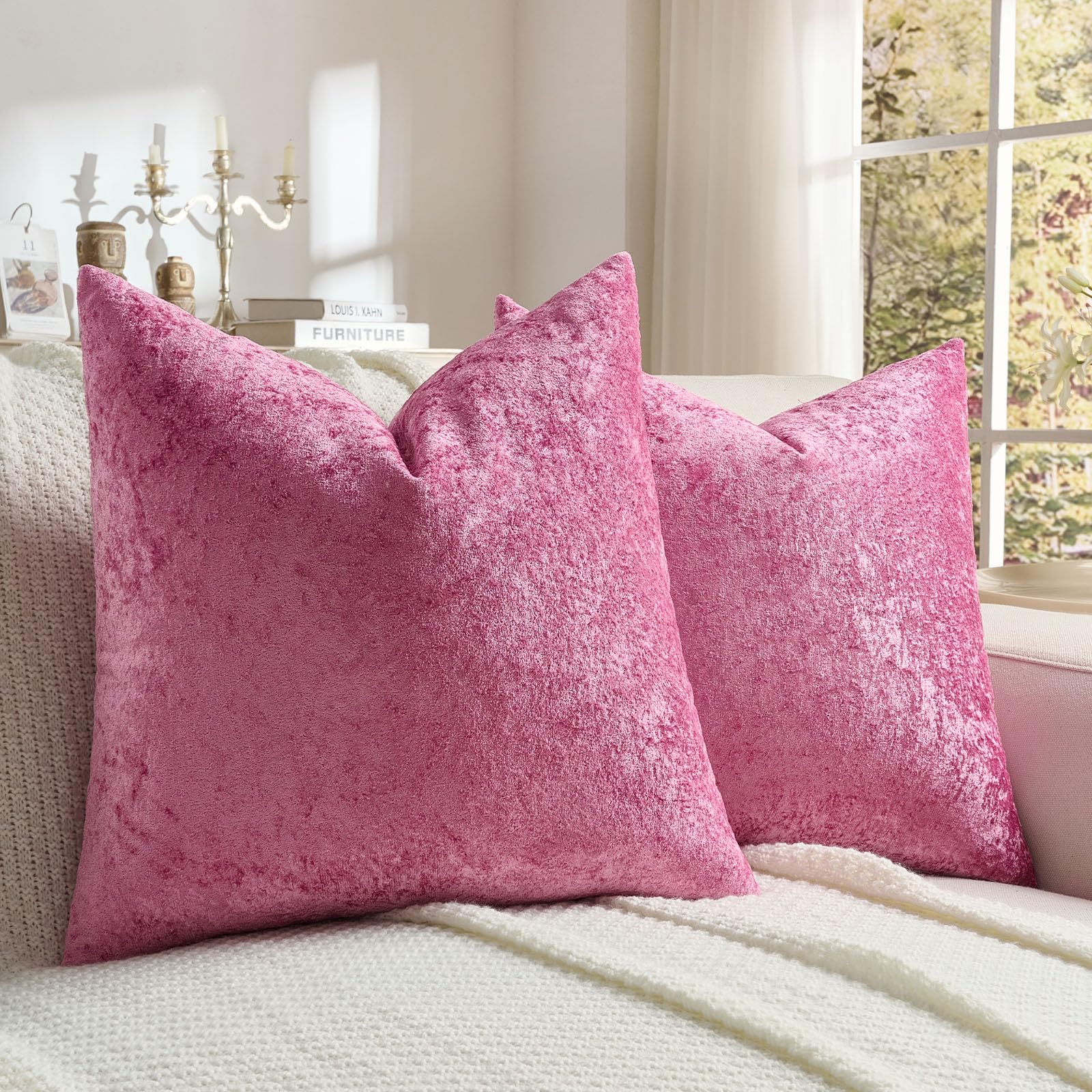 FUTEI Set of 2 Soft Flannel 55x55 cm Cushion Covers Crushed Textured Solid Scatter Pillow Covers 55 x 55 cm Modern Accent for Sofa Bedroon Living Room, Hot Pink — image 1