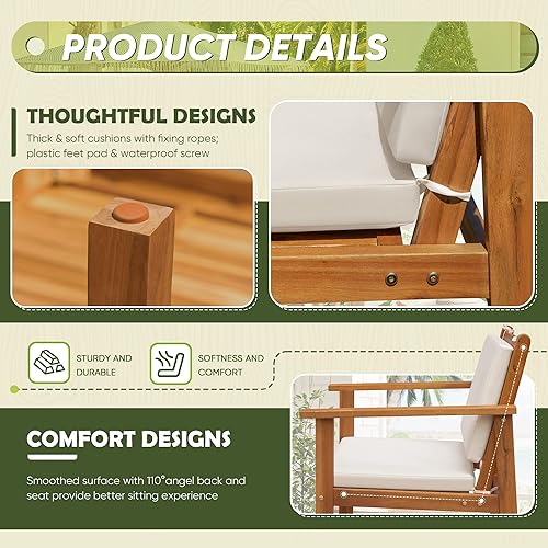 Miniatura 4 de Flamaker Muebles de patio de 4 piezas de madera de acacia para exteriores, juego de sofá de conversación con mesa y cojines, muebles de porche para