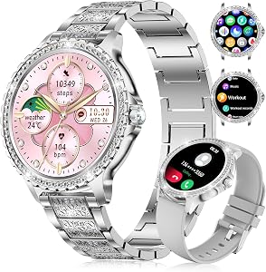FITFLEX Diamond Smart Watch for Women, 1.32" HD Smartwatch Women with Bluetooth Call Notification, IP67 Waterproof Fitness Watch with Sports Tracking/Sleep Monitor for Android iOS, Silver