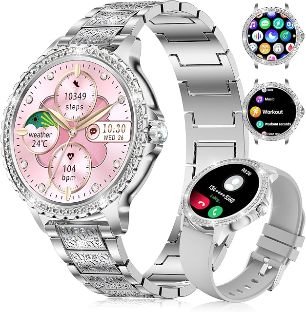 FITFLEX Diamond Smart Watch for Women, 1.32" HD Smartwatch Women with Bluetooth Call Notification, IP67 Waterproof Fitness Watch with Sports Tracking/Sleep Monitor for Android iOS, Silver