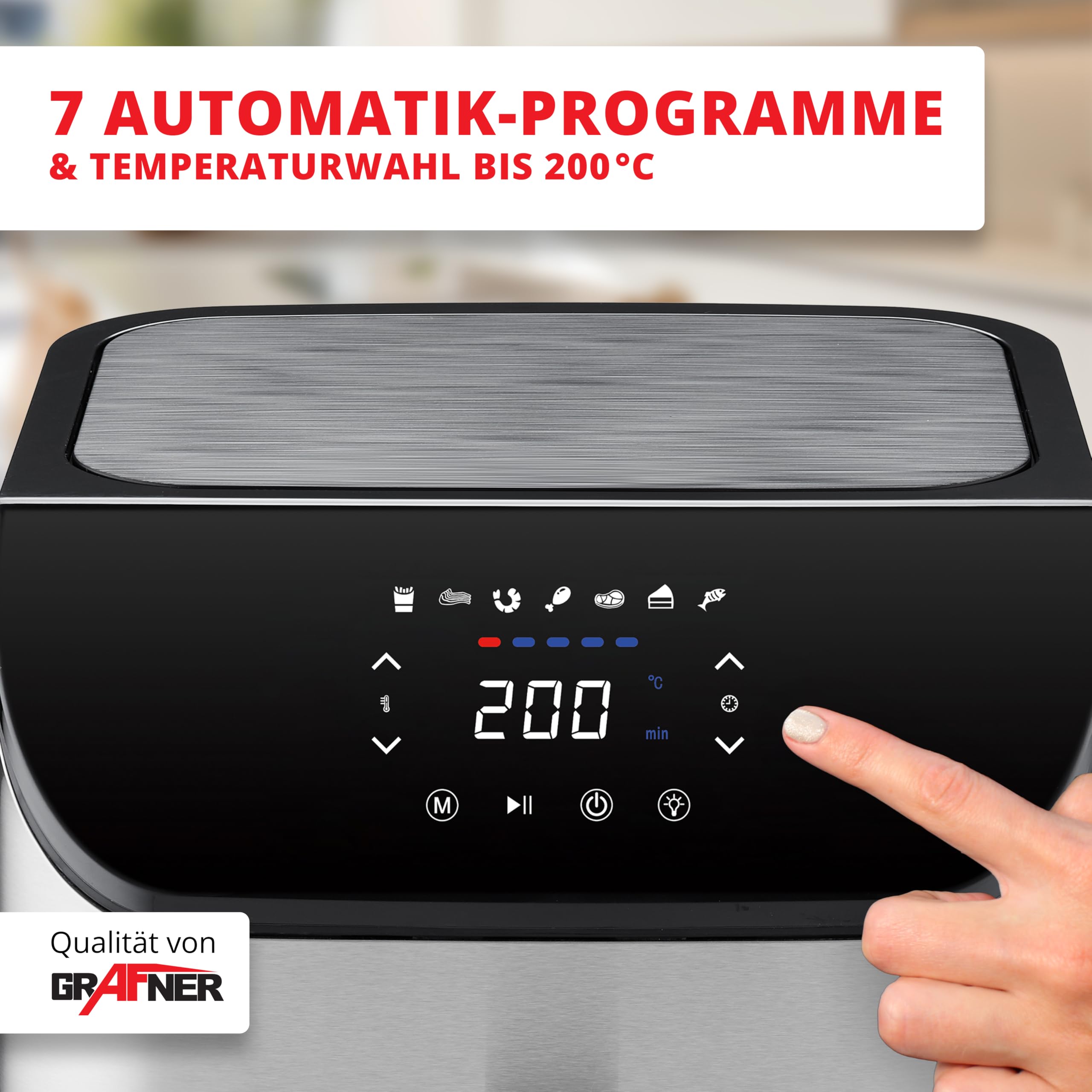 Grafner XXL Digitale Heißluftfritteuse 8 L, 100x Backpapier, LED Touchscreen, 7 Programme, 1800 Watt, Sichtfenster, Antihaft-Beschichtung, Fritteuse ohne Fett ölfrei, Edelstahl Air Fryer Friteuse