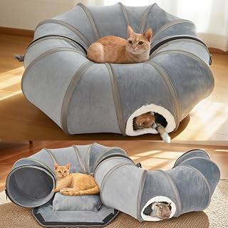 Cat Tunnels for Indoor Cats – Collapsible Cat Tunnel Bed with Hanging Ball, Soft Crystal Velvet Round Donut Tube Toy, Foldable Pet Play Tunnel for Kitten up to 12bs, Quick Assembly and Storage, Gray - Amazon product rated Grade B