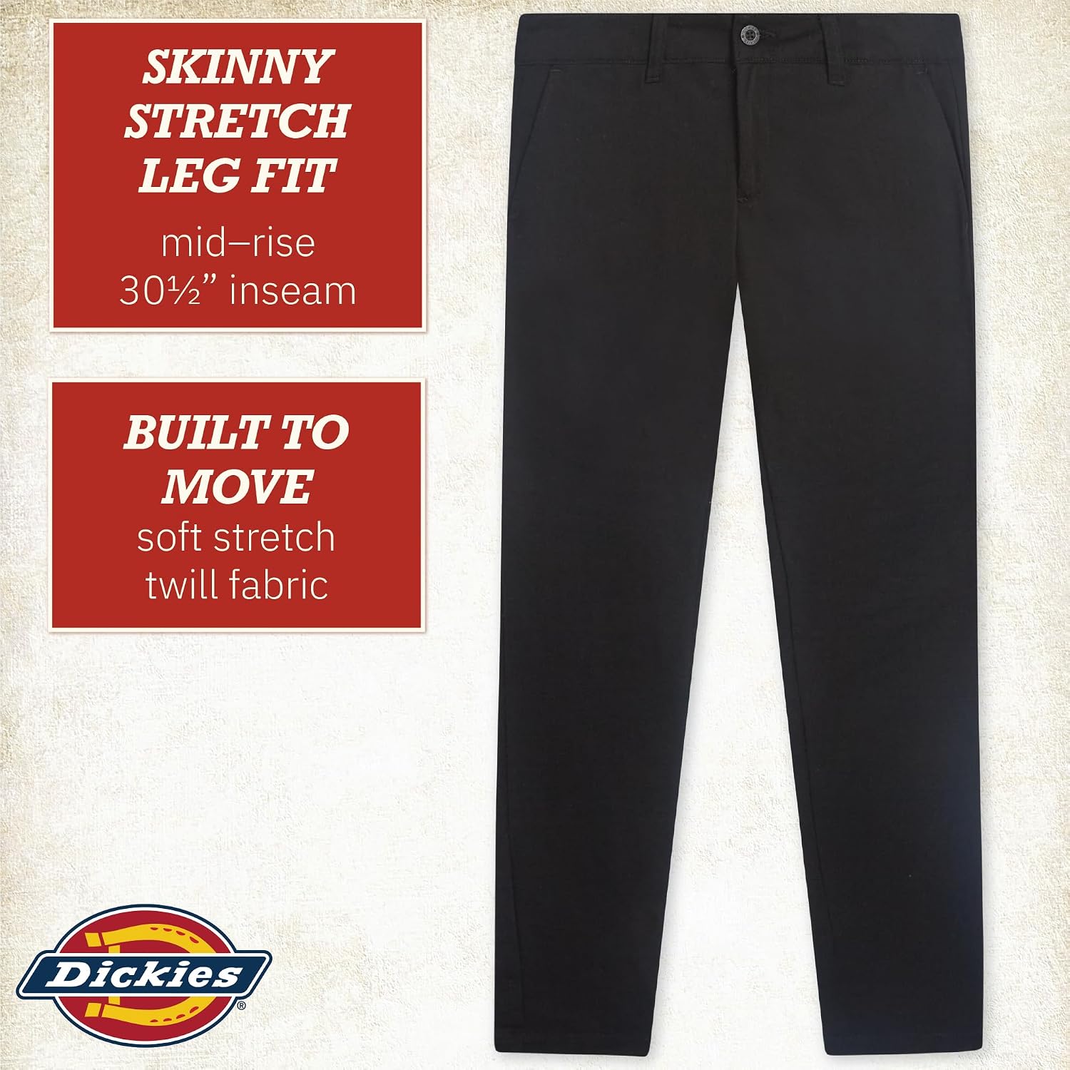 Dickies Womens Mid-Rise, Skinny Stretch Twill Pant