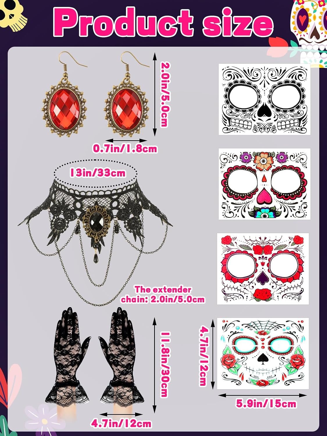 5 Pcs Day of the Dead Costumes for Women, Dia De Los Muertos Headpiece Set