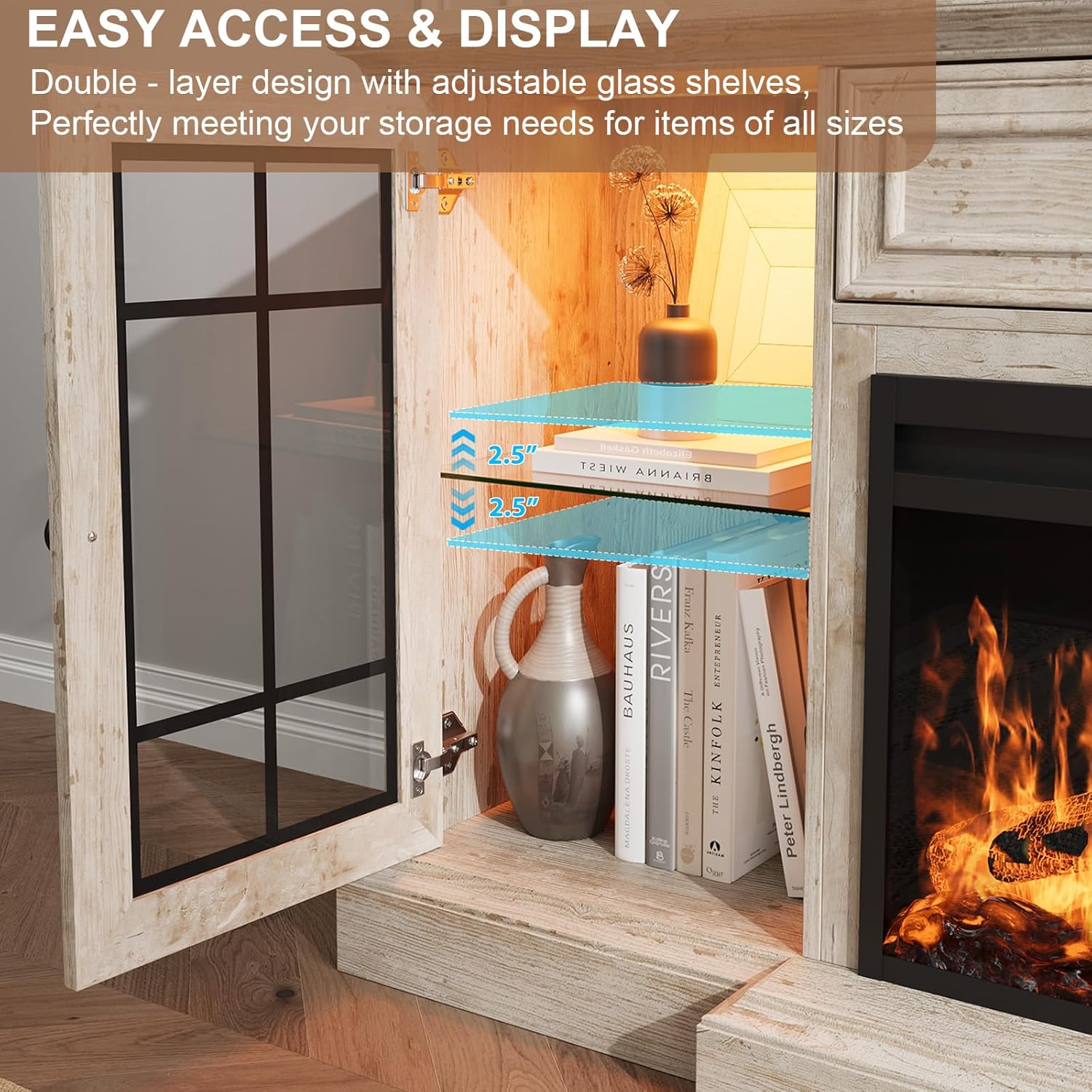 Fireplace TV Stand Up to 80" TVs, 70'' Modern Entertainment Center with 36" Electric Fireplace & LED Lights, Farmhouse Media Console with Storage Cabinet & Drawer for Living Room, Antique Brush Grey - Image 8