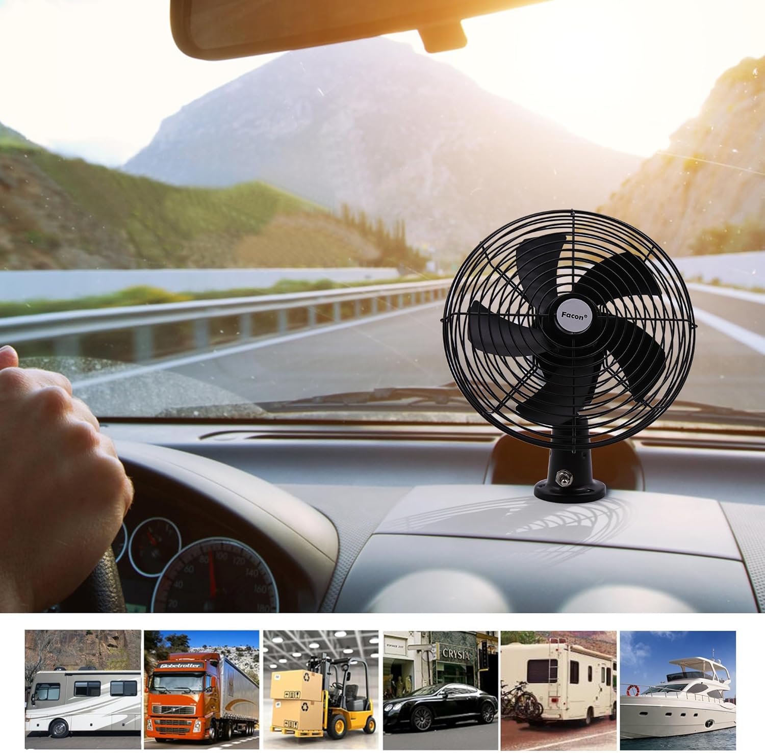 Facon 12V RV Cooling Fan with 2 Speed Switch, Dia: 8-3/4’’, Heavy Duty Black Metal Car Fan, for Auto Truck, RV, Camper, Trailer, Car, Buses and Boats