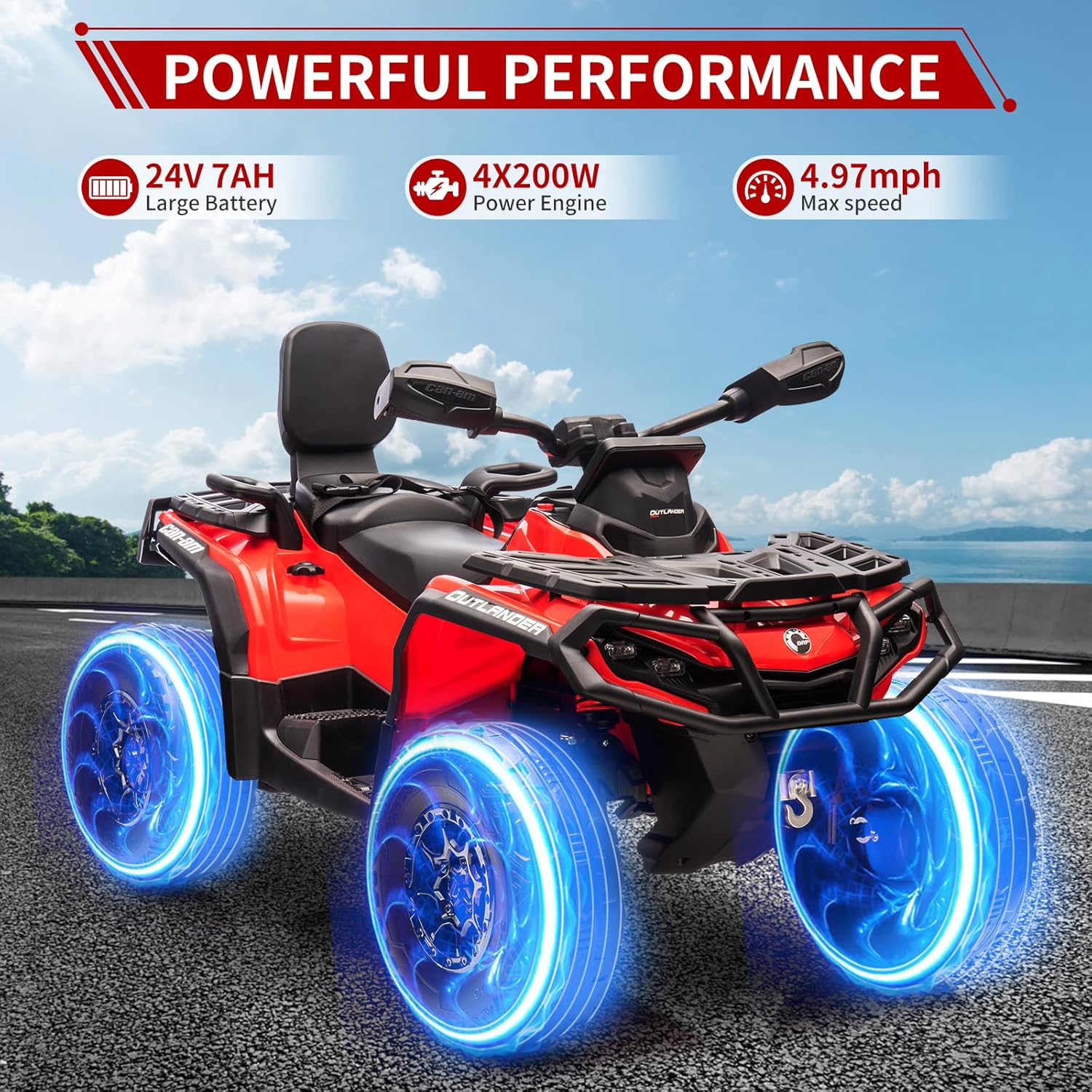 CAN-AM 24V Kids Ride On Car,2 Seater Licensed Can-Am Electric ATV Car for Kids,4 Wheeler 4WD Ride On Electric Toy Car with Bluetooth,Led,3 Speeds,Leather Seats,Red