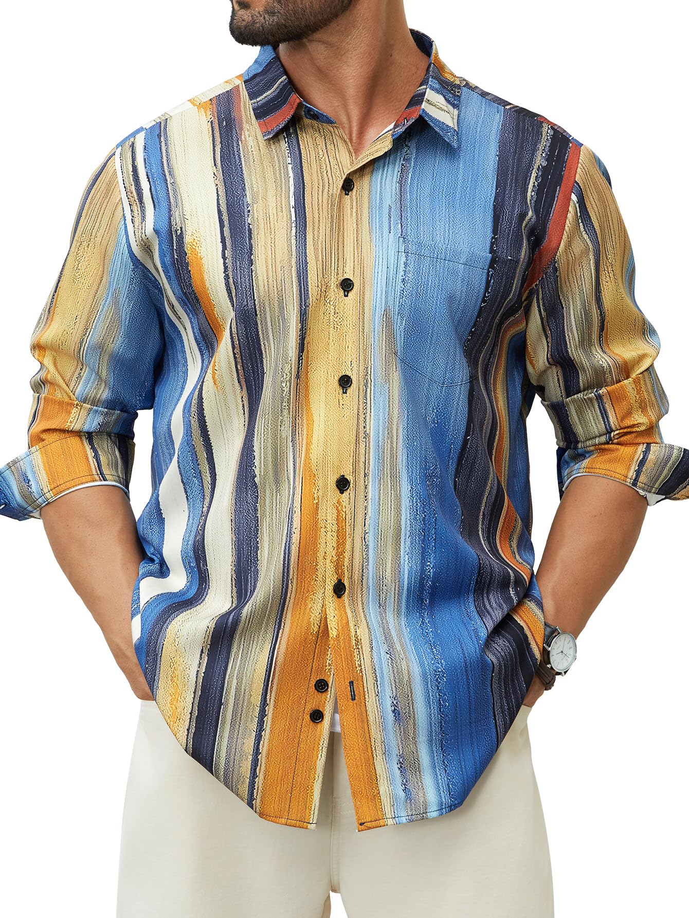 Hardaddy Mens Tropical Floral Button Down Long Sleeve Hawaiian Shirt Flower Printed Beach Shirts