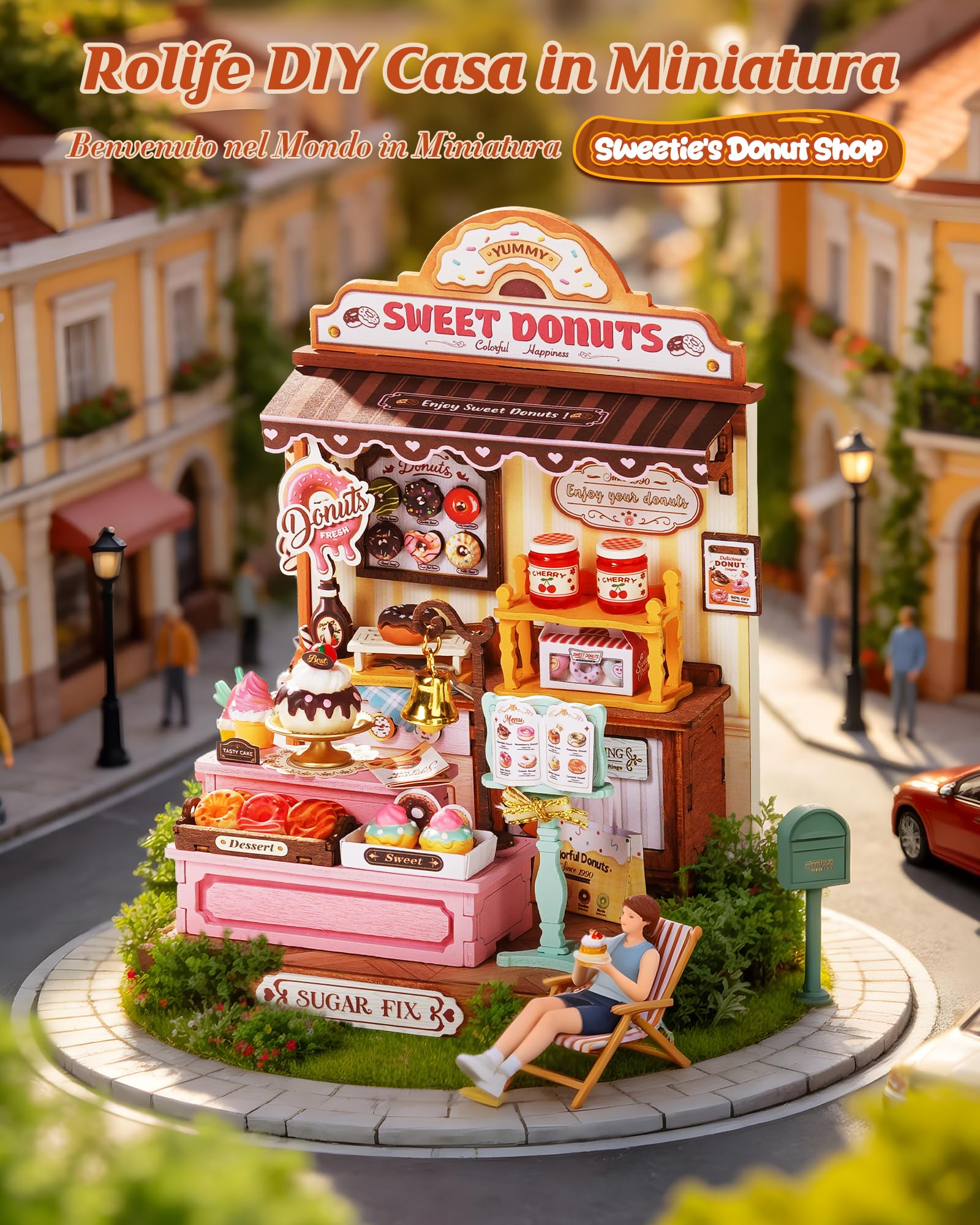 Rolife Miniature Casa Sweetie's Donut Shop, 141 pezzi Kit Casa in Miniatura DIY, Modellismo da Costruire Adulti Casa delle Bambole in Legno Puzzle 3D Nessun collante necessario - 3