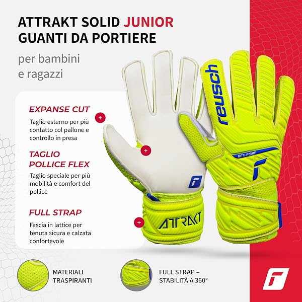 Reusch Attrakt Solid Junior Guanti da portiere|Bambini 5–16 anni|Presa sicura con lattice|Calzata comoda e fascia avvolgente|Traspiranti e resistenti|Allenamento e partita - 2