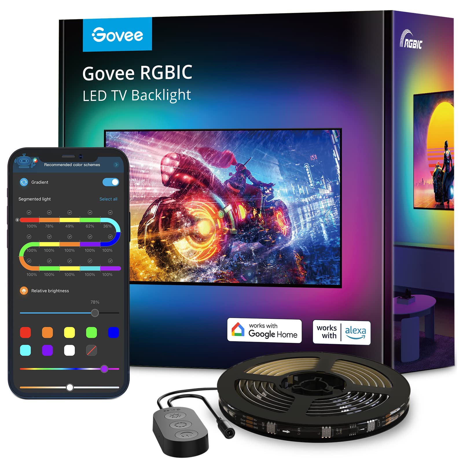 Govee TV LED Backlight 3,8m, RGBIC Striscia per TV 55-65 Pollici | Bluetooth e Wi-Fi, Alexa e Google Assistant, Sincronizzazione musicale, 219+ scene, Alimentatore incluso
