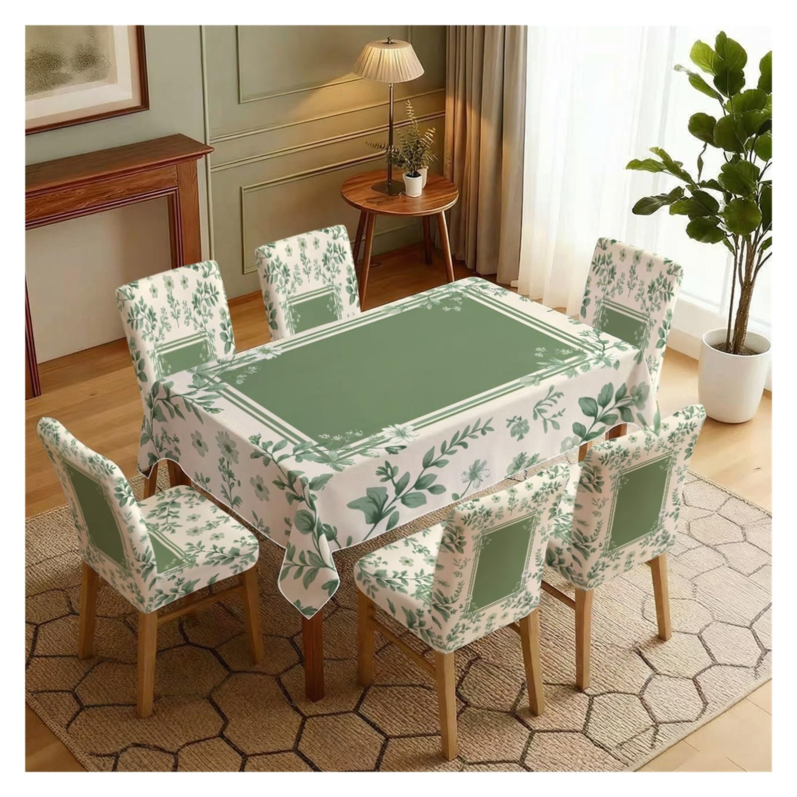 KXUAUV Green Botanical Print Stretch Dining Chair Covers Tablecloth Set, For Kitchen Dining Living Room Farmhouse Decor, 5/7 Pack Party Decor(7pcs Set: Tablecloth+Chair Covers)