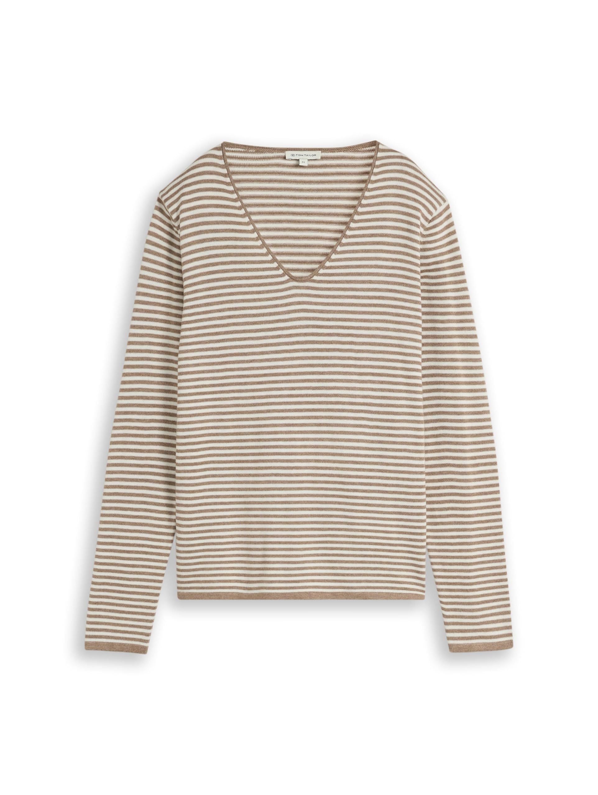 Tom Tailor GmbH Ladies 1012976 Knitted V-Neck Jumper, 41382 - Taupe Regular Stripe, L