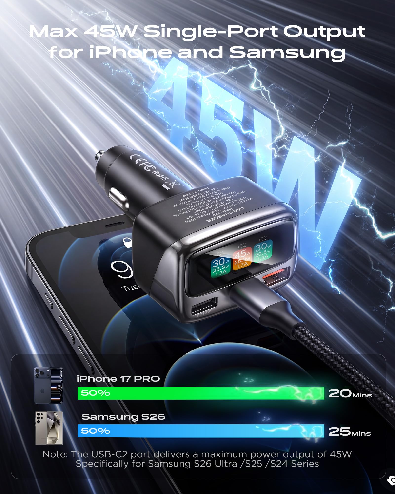 Chargeur de voiture USB C 105 W avec écran couleur numérique, adaptateur allume-cigare à 3 ports à charge rapide pour iPhone 17/16/15 Pro Max, Samsung S26, accessoires de voiture de voyage cadeaux