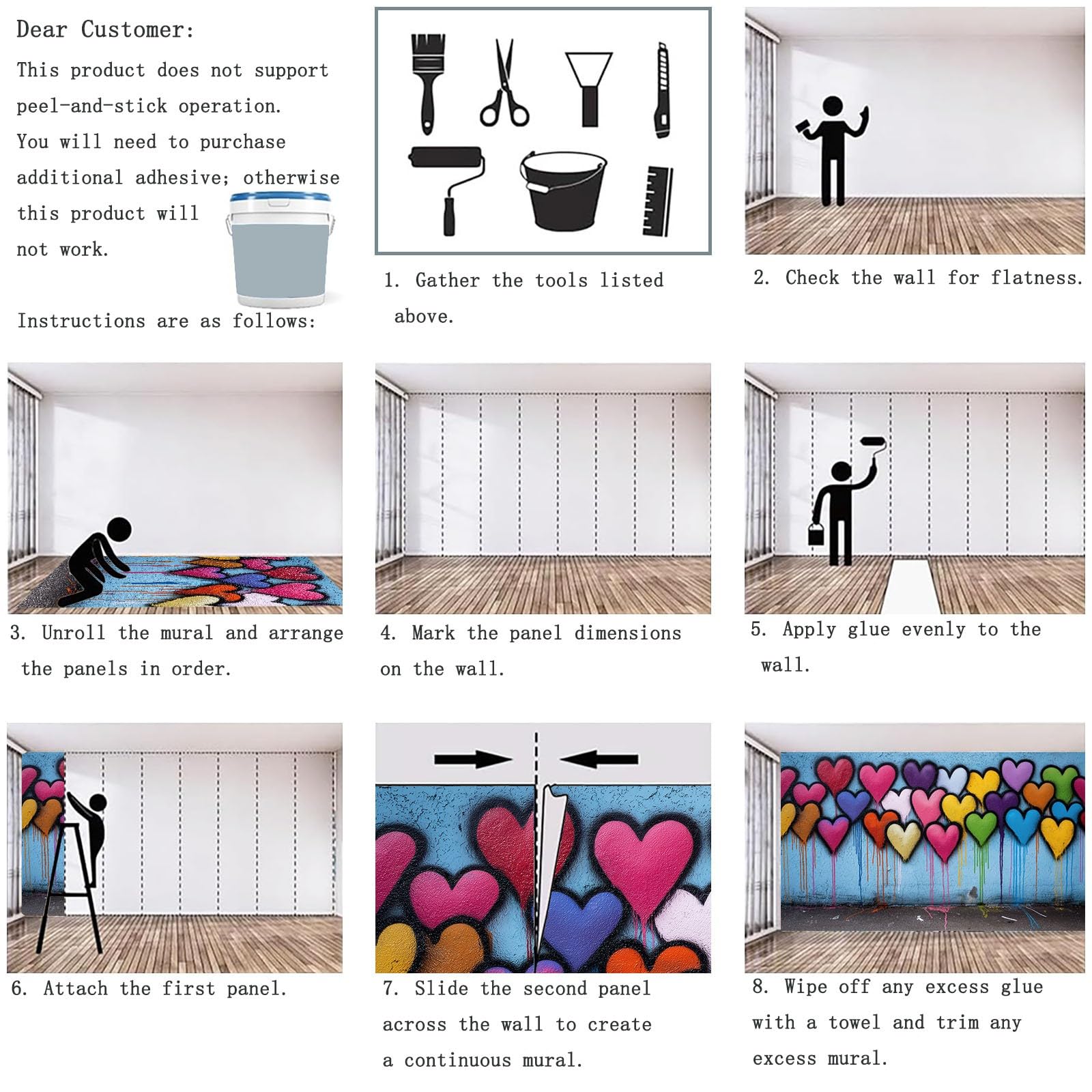 Graffiti fototapeta z włókniny, kolorowe serca, tapeta ścienna z graffiti, wodoszczelna, nadaje się do sypialni, pokoju dziecięcego, salonu, dekoracja ścienna, 250 x 175 cm