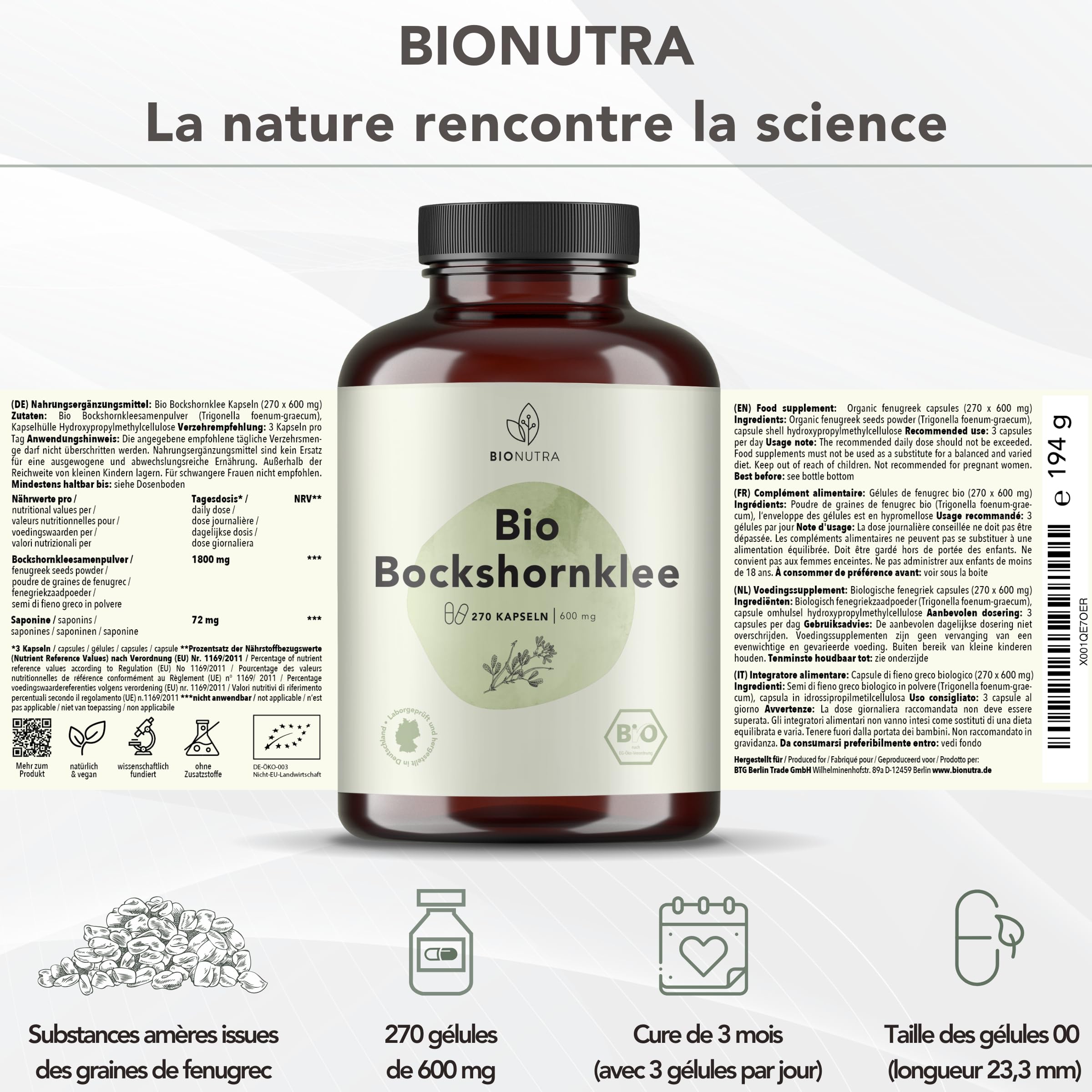 BIONUTRA Gélules de Fenugrec Bio, 270 gélules de 600 mg | Poudre de graines de fenugrec bio, contrôle des résidus, sans additifs, vegan, fabrication en Allemagne