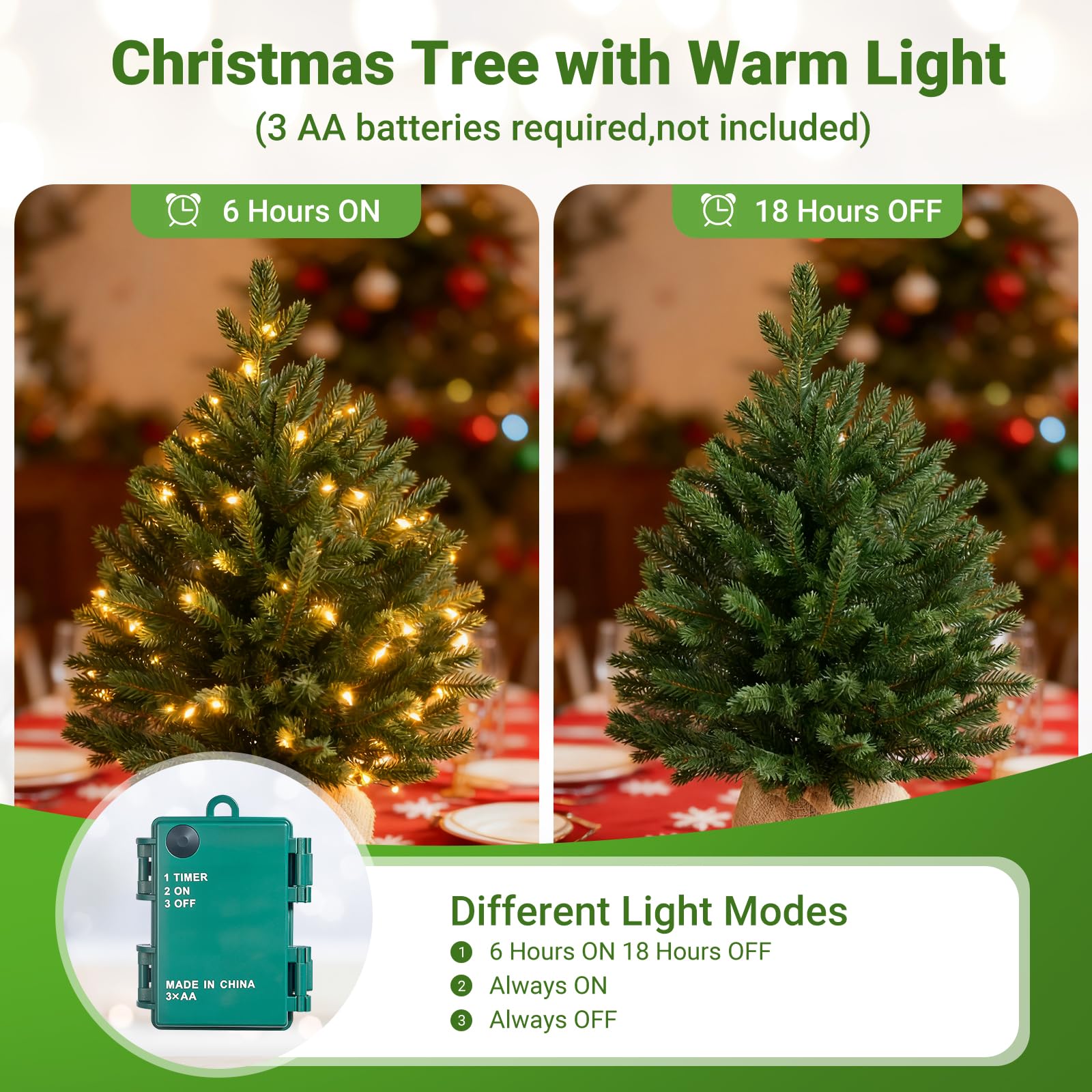 ELYKEN Mini sapin de Noël artificiel de 55,9 cm avec lumières LED, petite table, décorations de fête de Noël pour bureau, décoration d'intérieur