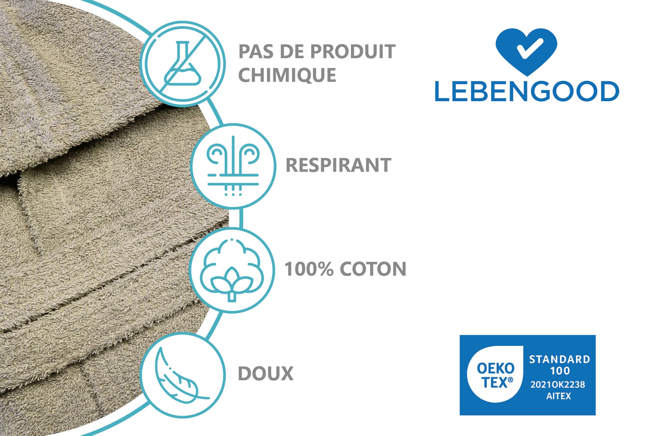 LEBENGOOD Peignoir de bain à capuche, pour femme et homme 100% coton éponge 400 g avec ceinture, poches, douche, peignoir doux, serviette