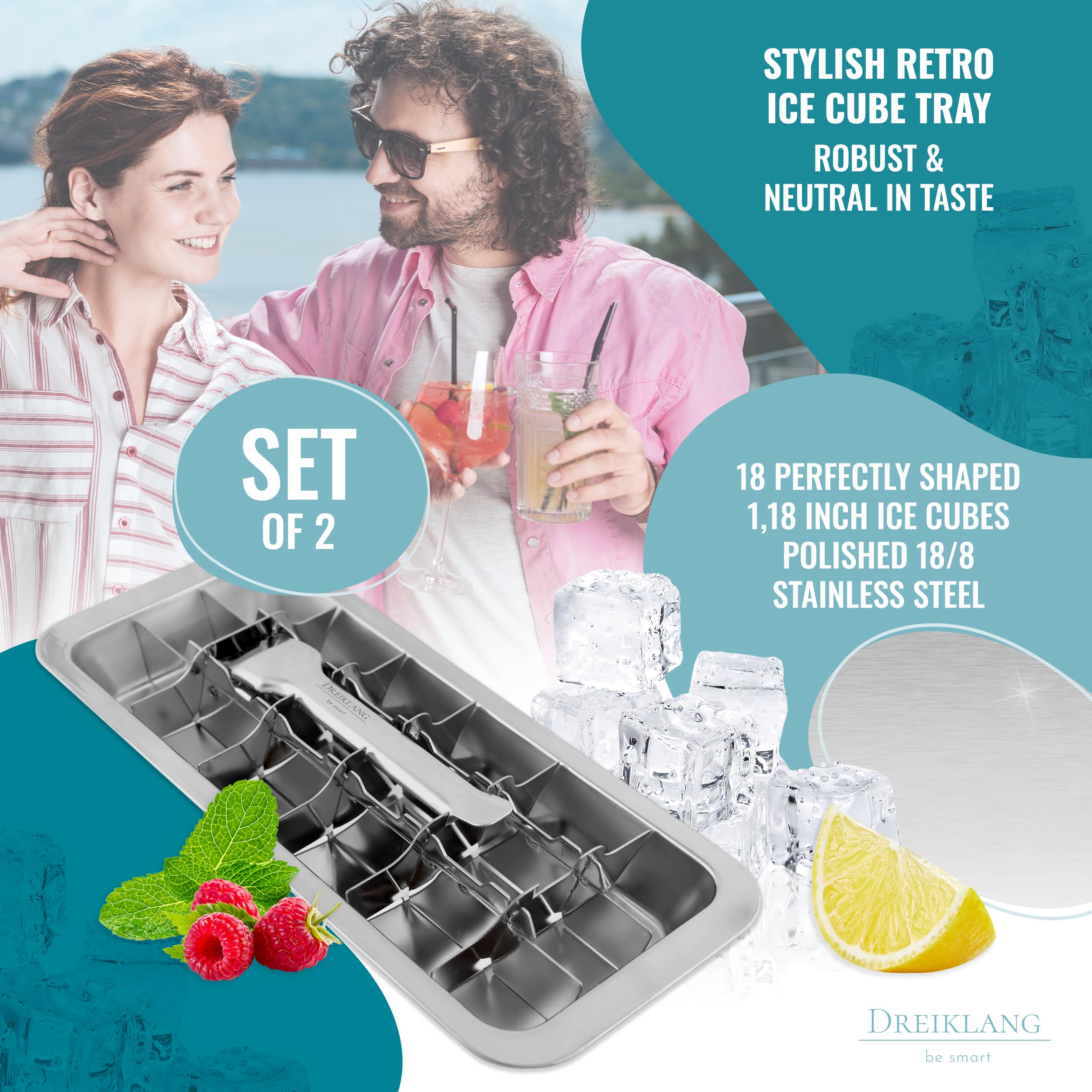 Dreiklang - be smart Bac à Glaçons Inox Lot de 2 18/8 poli avec Levier – Moule à Glace sans plastique & alimentaire pour 36 gros glaçons Ice Cube