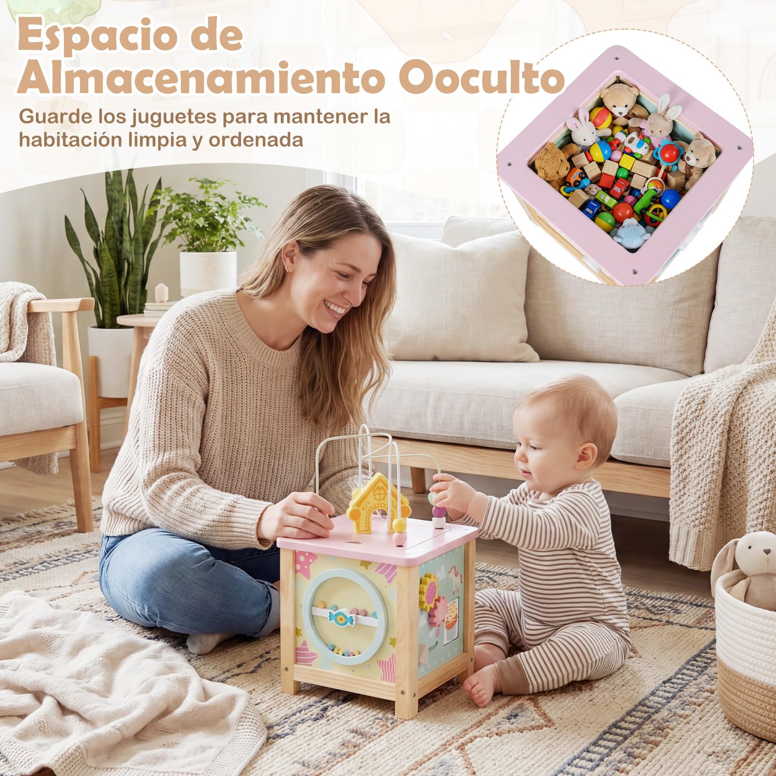 COSTWAY Cubo de Actividades de Madera, Juguetes Sensoriales Montessori para Niños de 18+ Meses, Juguetes Educativos para Bebés, Juguetes de Aprendizaje