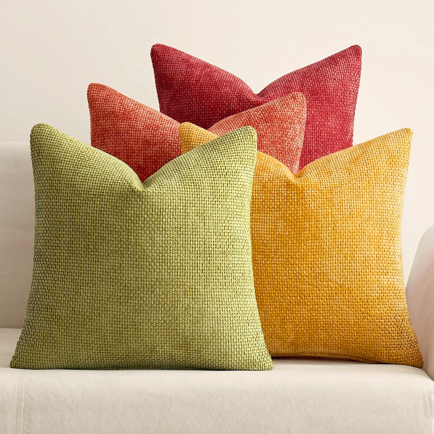 MIULEE Soft Decorative Chenille Fall Pillow Covers Rust Yellow Green 18x18