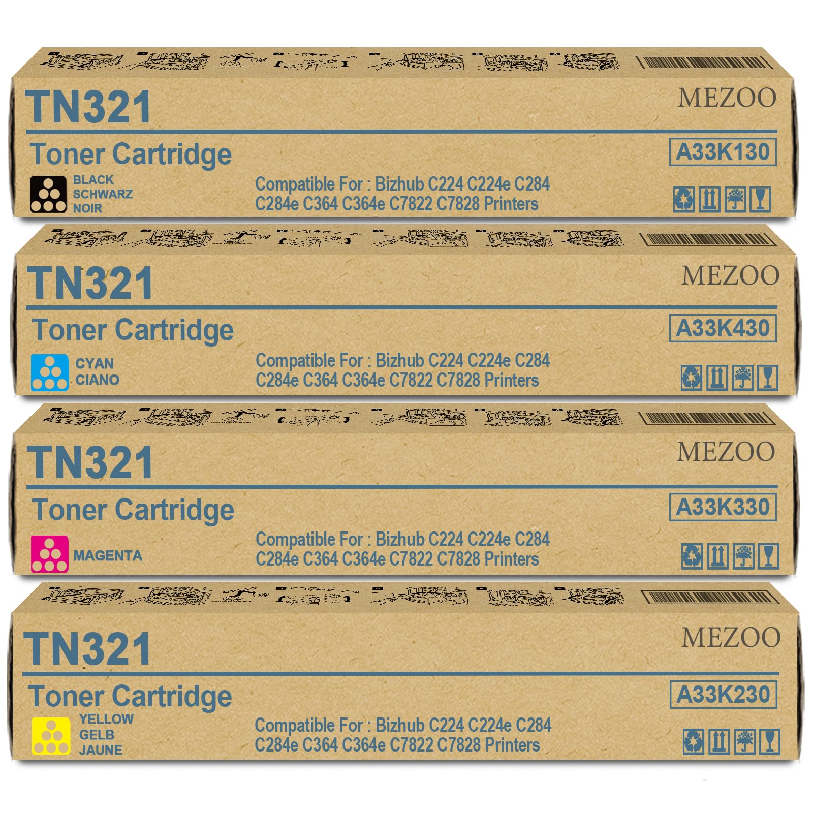 MEZOO TN-321 TN321 Toner Cartridge High Yield TN321K TN321C TN321M TN321Y Toner Cartridge Replacement for Konica Minolta bizhub C224e C364e C284e C224 C284 C364 C7822 C7828 Printer(4-Pack,BK/C/M/Y)