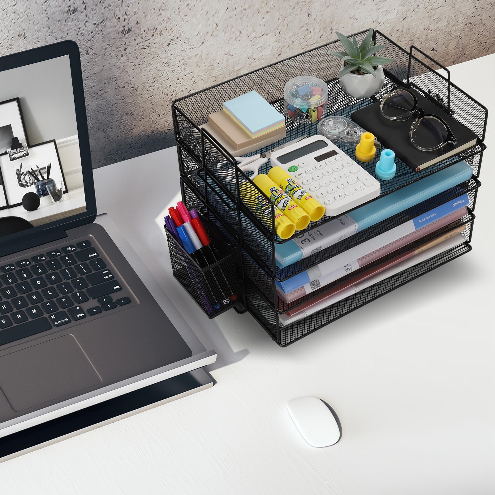 Cinnani Stapelbare Briefablage Mit Stifthalter aus Metall,4Etagen,Dokumentenablagen,A4Ordnern,Briefen,Papier,Metall Schreibtisch Organizer Tablett (Schwarz)