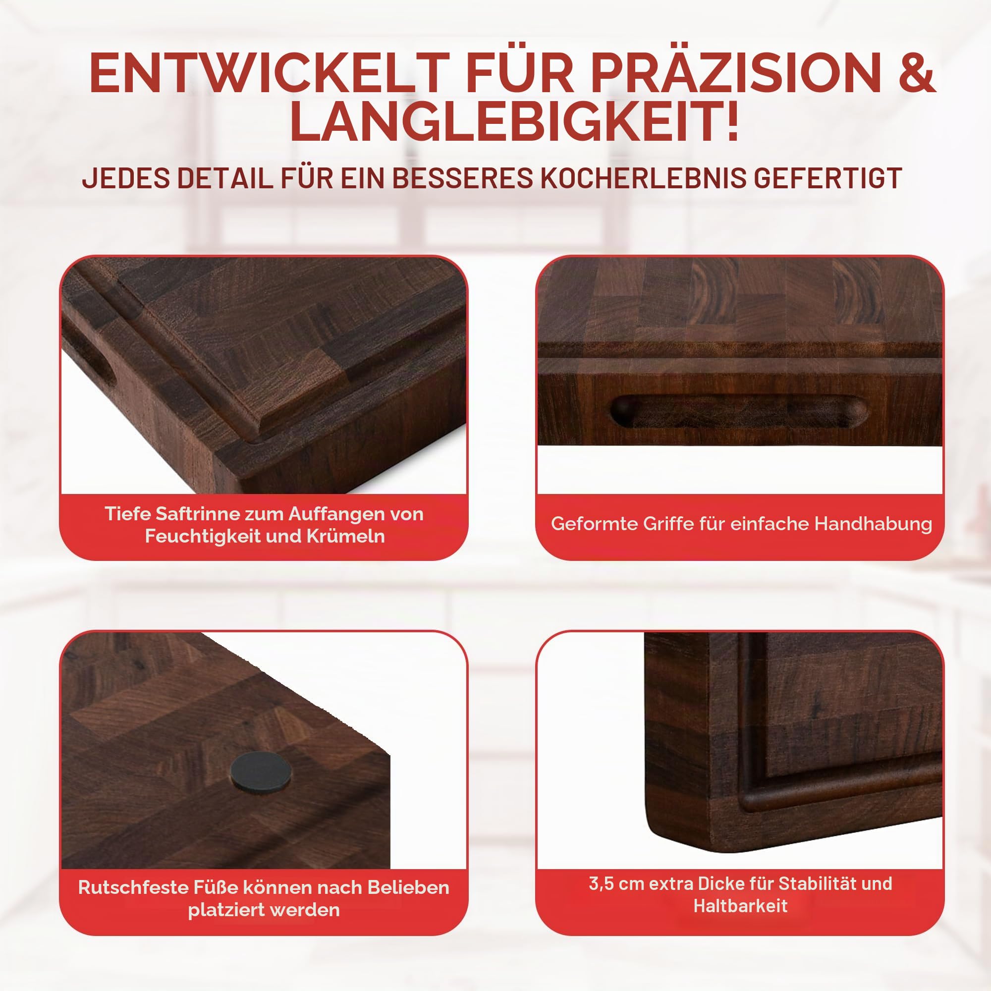 Schneidebrett aus Nordamerikanischem Schwarznuss-Holz – Massives Hirnholz – 40×27,5×3,5 cm – Extra Dick & Langlebig – Saftrille, Griffe & rutschfeste Füße – Inklusive Premium Holzpflegewachs
