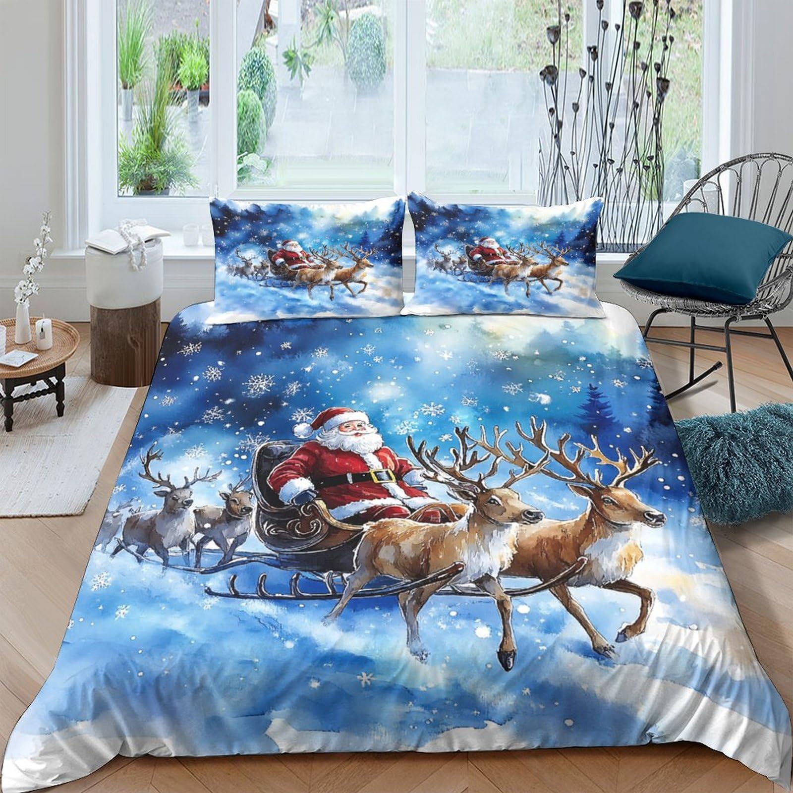Ctjqhvkz Style-1 3D Printed Santa Sleigh Fitted Sheet Microfiber Reindeer Christmas Bed Cover For Bedroom Dorm Mattress Decor Single（135X200cm）
