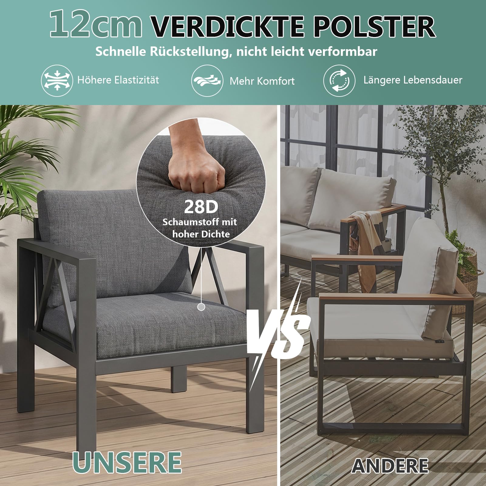 OMERAI Aluminium Gartenmöbel Set 4-tlg. für 5 Personen, Gartenlounge mit wasserdichter Schutzhülle, Outdoor Gartengarnitur für Garten, Terrasse & Balkon, Dunkelgrau(1×3-Sitzer Sofa, 2×Sessel, 1×Tisch)