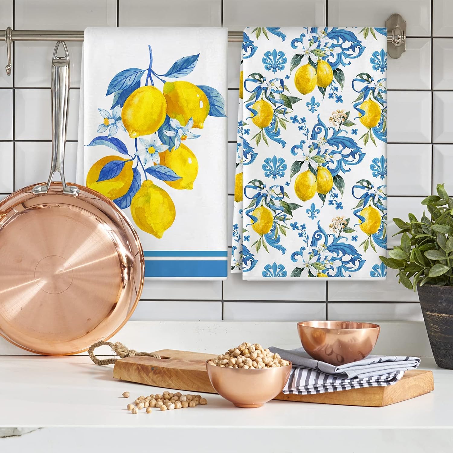 Geschirrtuch Zitrone, Zitronen Deko 2 Stück 40x60 cm Küchentücher Geschirrtücher mit Blumen Floral Sommer Design, Saugfähig und Schnell Trocknend, Frühling Sommer Dekoration Handtücher für Küche