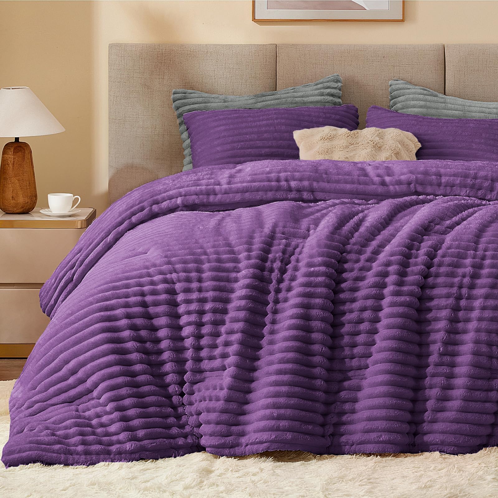 BEDELITE Fleece Full Comforter Set -Super Soft &amp; Warm Fluffy Purple Bedding, Luxury Fuzzy Heavy Bed Set for All Season with 2 Pillow Cases