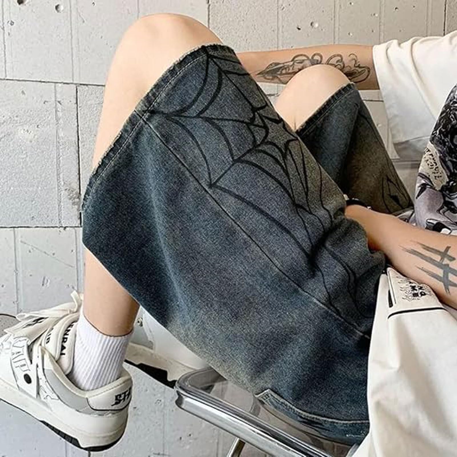 Y2K Jean Jorts Spider Baggy Casual Loose Straight Wide Leg Shorts Verstellbar Grunge Harajuku Streetwear