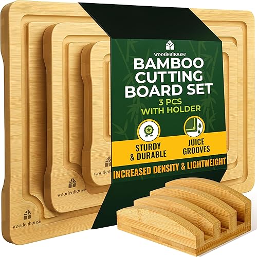 Bamboo Cutting Board Set of 3 with Holder – Durable Wooden Boards for Kitchen, Chopping & Serving – Eco-Friendly by Woodenhouse