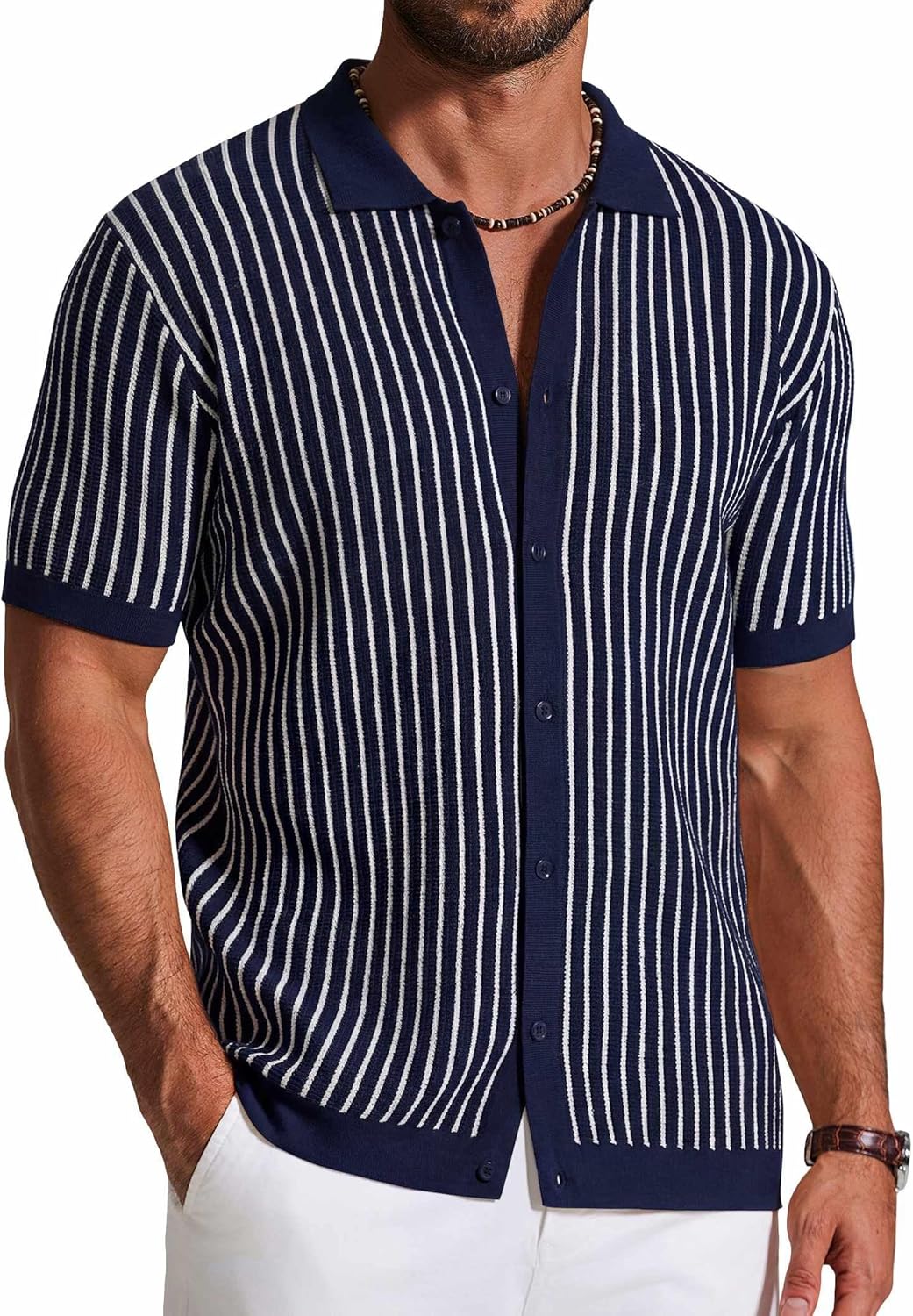 COOFANDY Mens Knit Button Down Shirts Short Sleeve Polo Shirt Vintage Striped Casual Shirts
