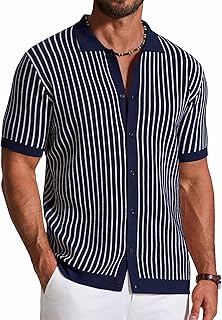 COOFANDY Mens Knit Button Down Shirts Short Sleeve Polo Shirt Vintage Striped Casual Shirts