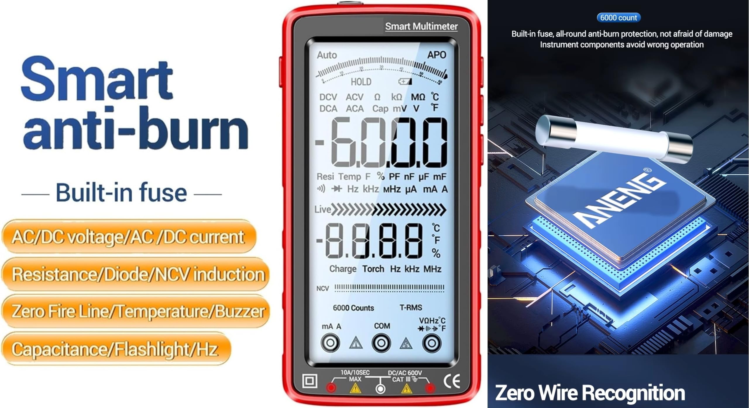 Multimetro digitale professionale ricaricabile 681 - Tester di scansione automatica RMS 6000 Count con rilevamento della tensione senza contatto, schermo LCD retroilluminato e torcia elettrica