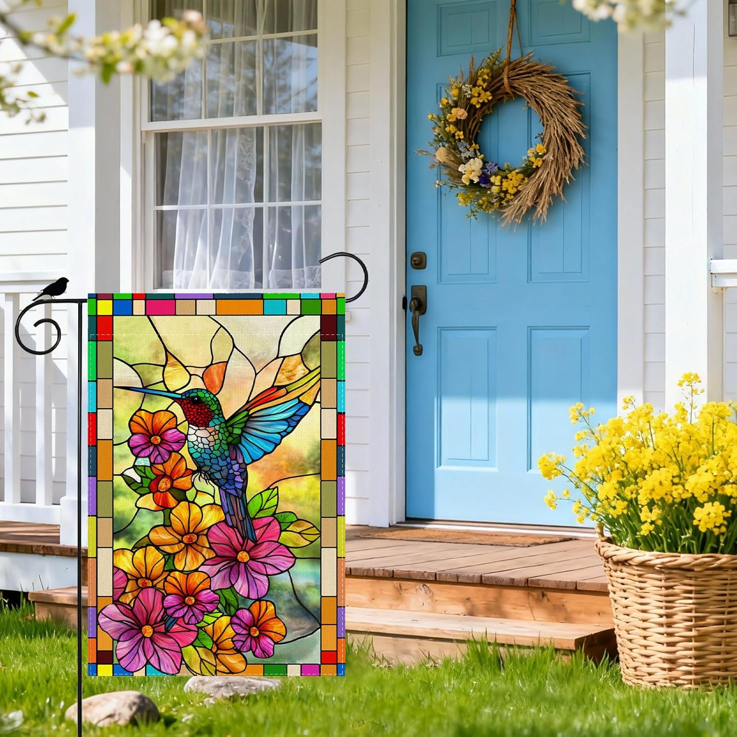 Spring Hummingbird Flowers Stained Glass Garden Flag Seasonal Yard Flag 12x18 Inch Double Sided Small Mini Yard Outdoor Outside Holiday Decoration - Image 3