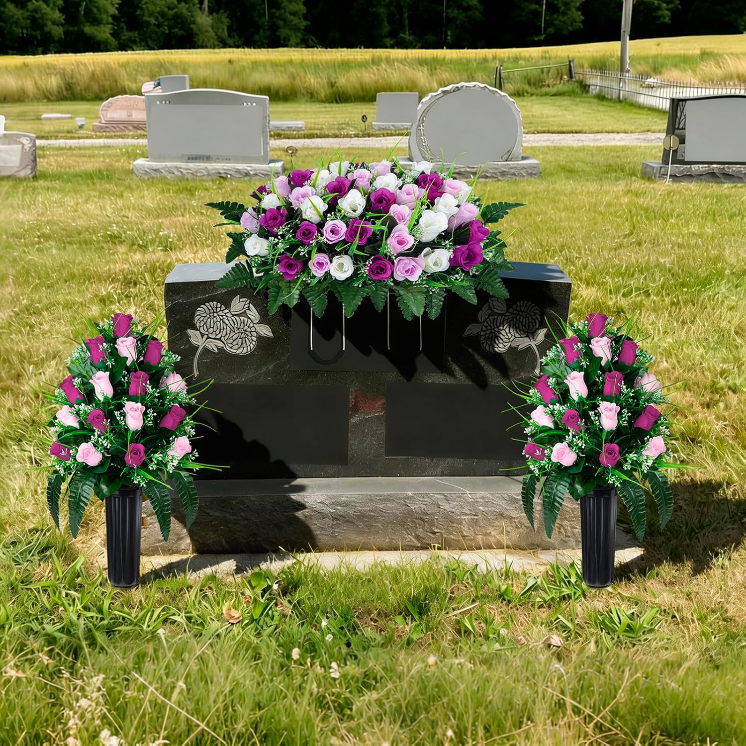 Artificial Cemetery Flowers Saddle, 2 Sets Grave Flowers Rose with Vase, Memorial Headstone Flowers Saddle for Cemetery Grave Tombstone Decorations (1 Saddle 2 Bouquets)